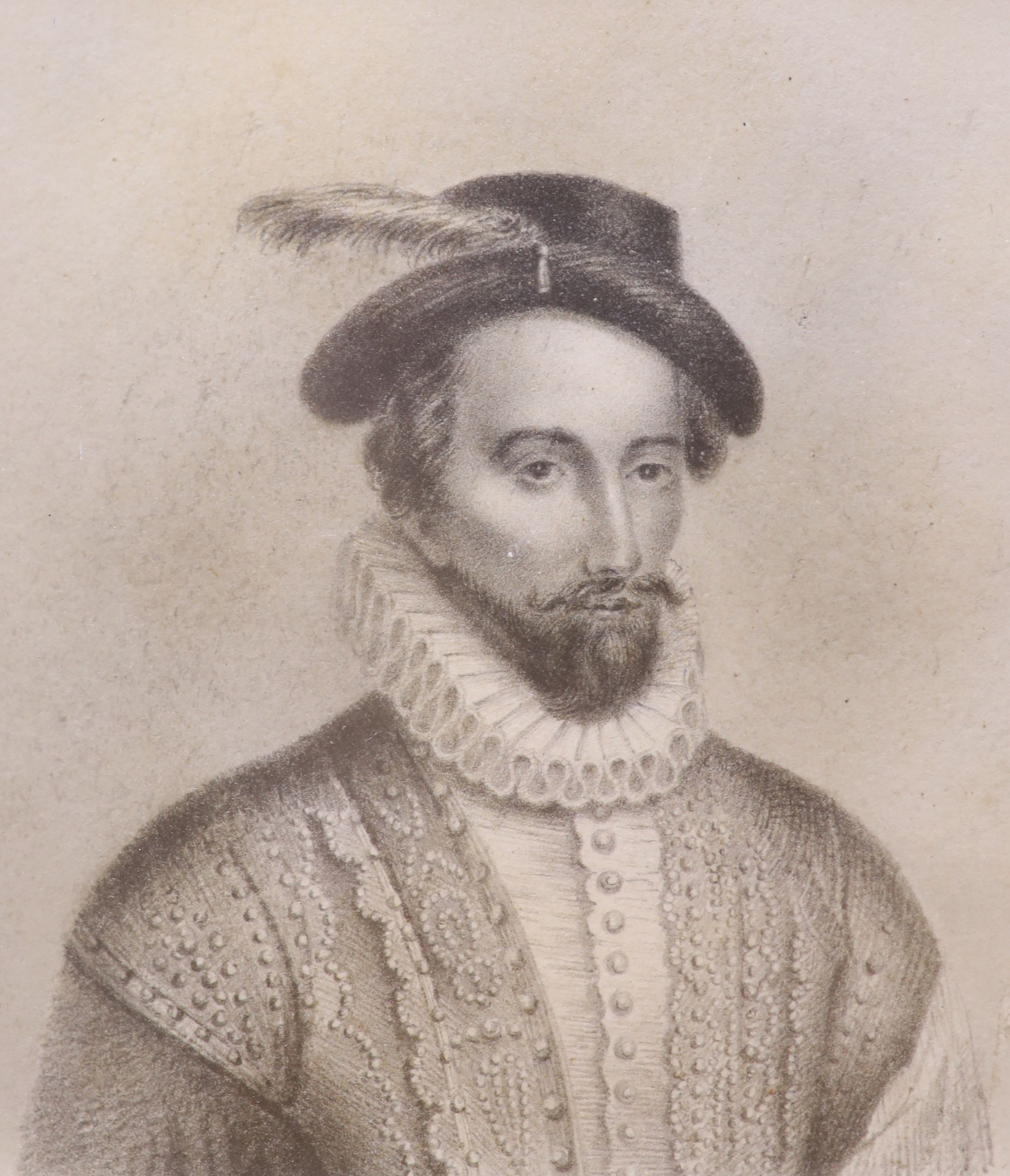 19th century English school, pencil on paper, portrait of Sir Walter Raleigh, 9.5 x 8cm.
